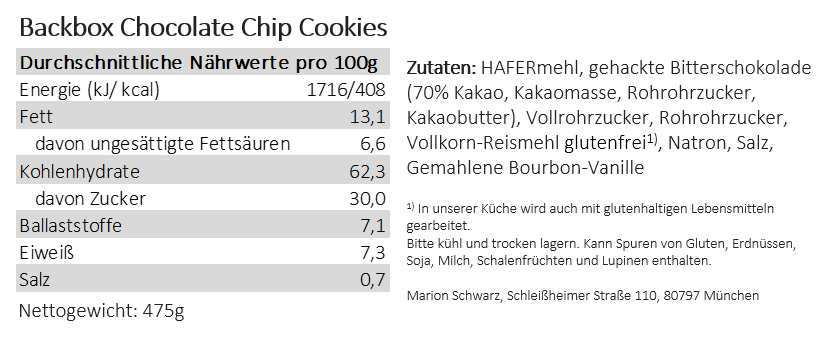 Zutatenverzeichnis und Nährwertangaben der Backbox für Chocolate Chip Cookies